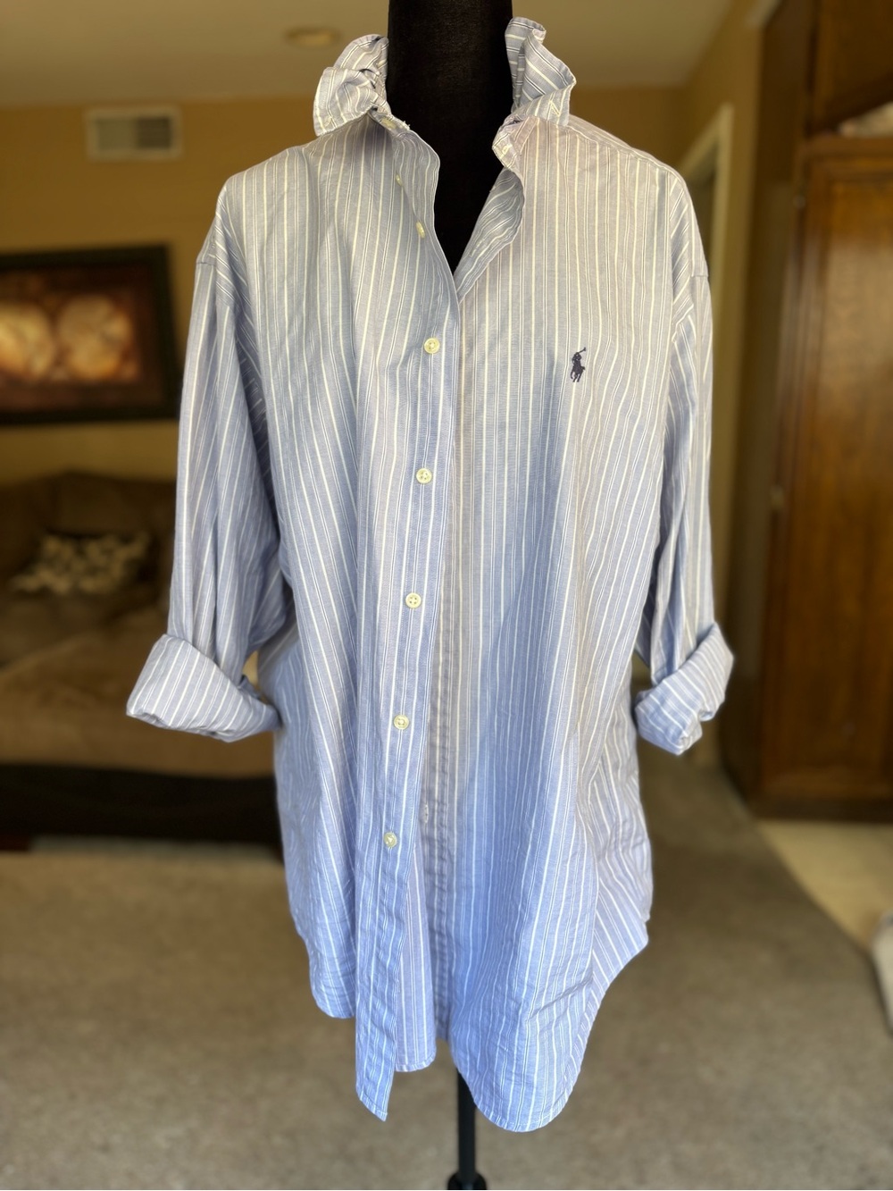 Reworked Ralph Lauren Men’s Blue Striped Button-Up Shirt